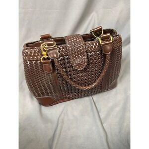 MC Dark Brown Braided Woven Handbag Satchel Gold Hardware Vintage Purse
